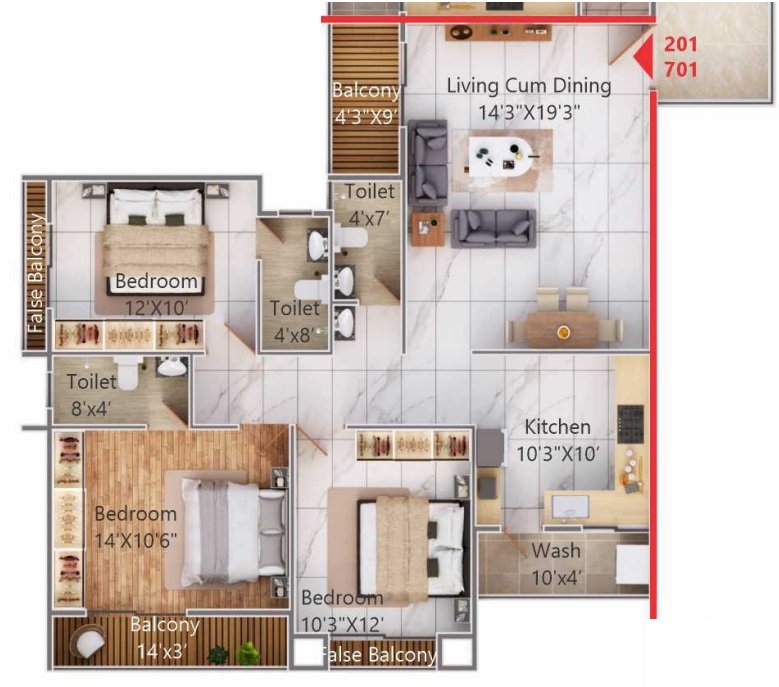 1445 sq.ft. (134.24 sq.m.) Super Built-up Area | 3 BHK
