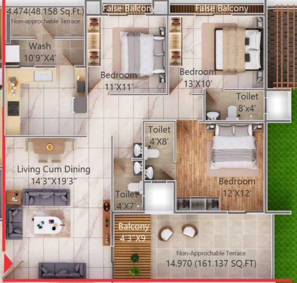 1433 sq.ft. (133.13 sq.m.) Super Built-up Area | 3 BHK